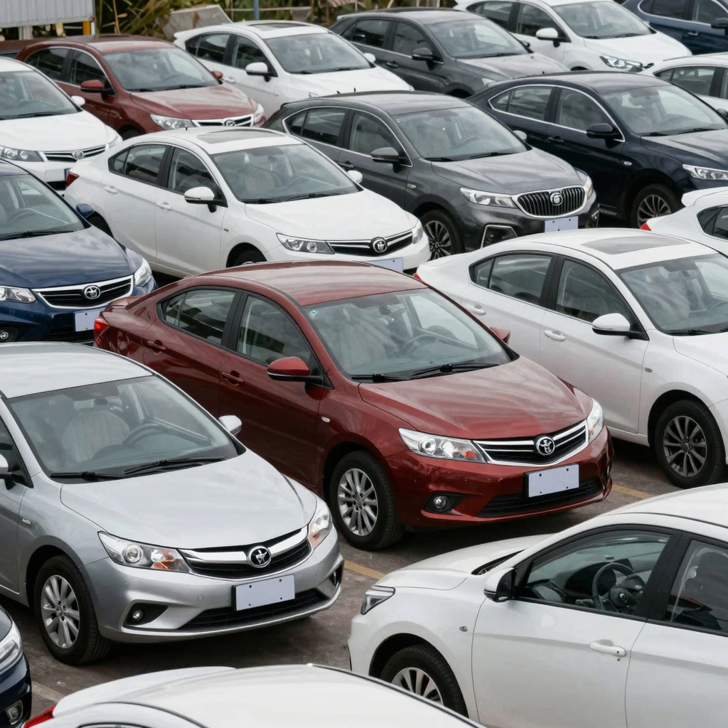 A diverse range of used cars, showcasing various models, colors, and styles in a car lot setting.