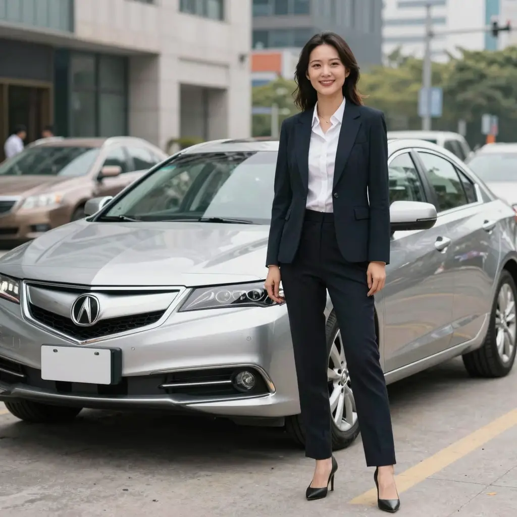 A professional image depicting a satisfied business owner standing next to an Acura TL, with a backdrop of a bustling urban environment, showcasing the vehicle's utility for business use.