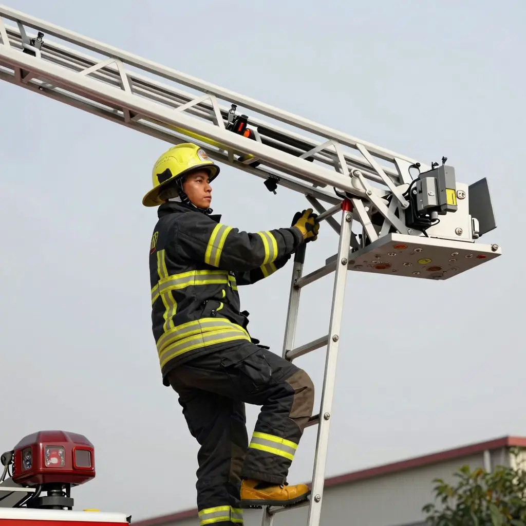 Firefighter using ladder bracket