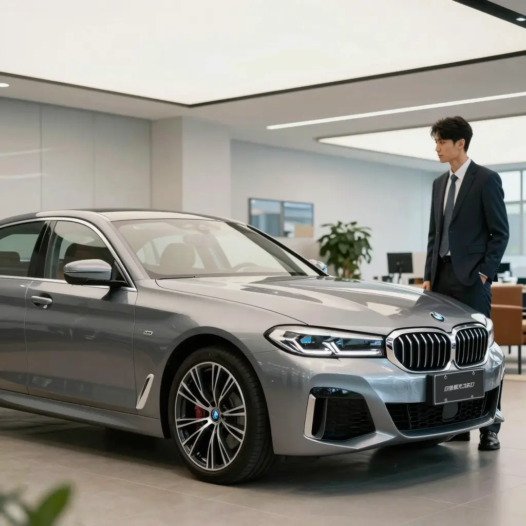 A sleek used BMW parked in a corporate office environment