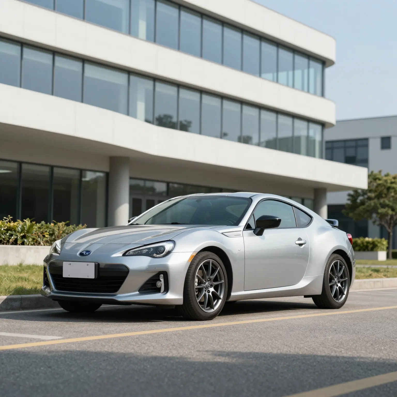 Used Subaru BRZ parked outside a business office