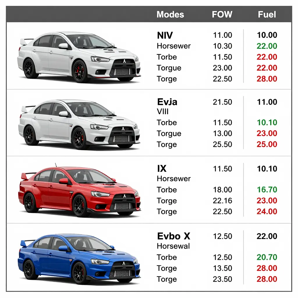 Mitsubishi Evo Comparison Table