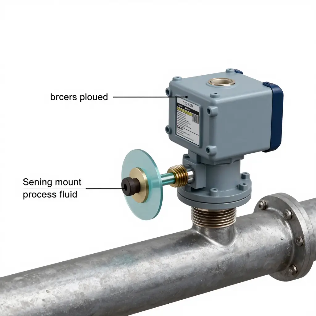 Cutaway diagram of a direct mount pressure transmitter threaded directly into a process pipe with no impulse line or fill fluid