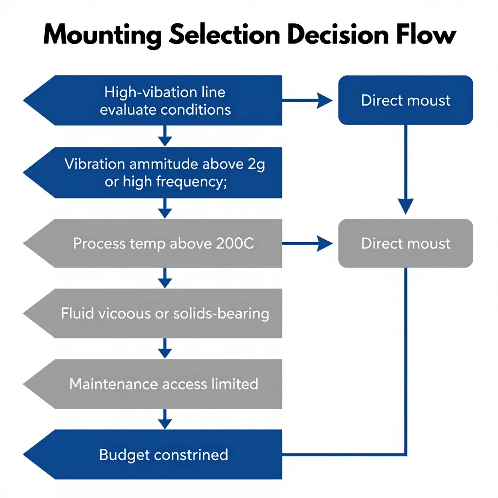 Decision flowchart for selecting a pressure transmitter mounting approach on high-vibration lines, branching between diaphragm seal with remote capillary mount and direct mount