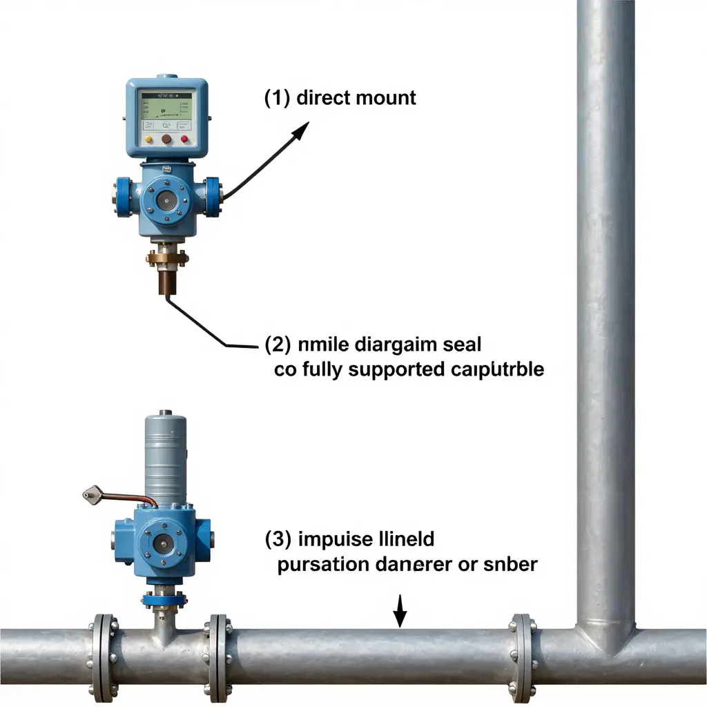 Technical diagram of pressure transmitter mounting configurations on a high-vibration pipe, showing direct mount with rigid bracket, remote diaphragm seal with supported capillary tubing, and impulse line with a pulsation dampener