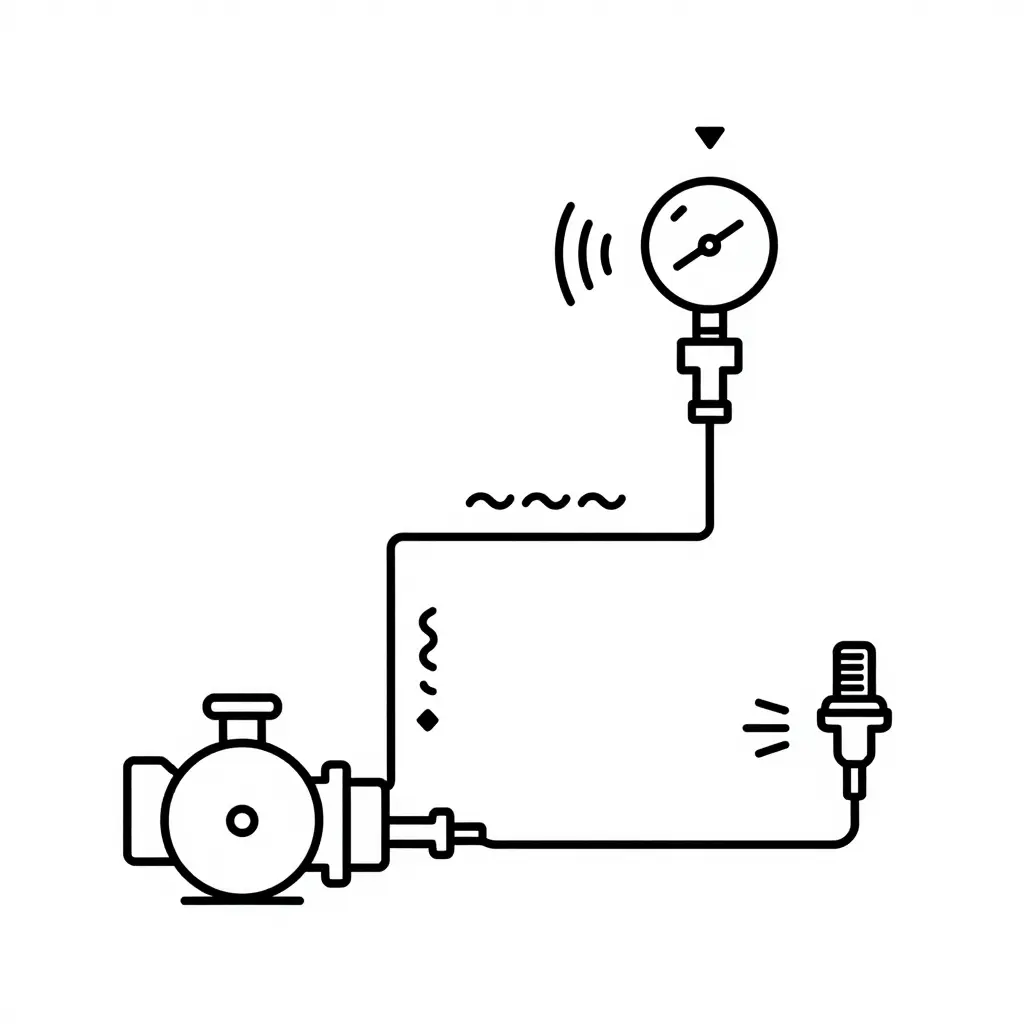 2D schematic showing vibration transmission paths from a pump through process piping into a directly mounted pressure transmitter versus a transmitter mounted with a diaphragm seal and capillary.