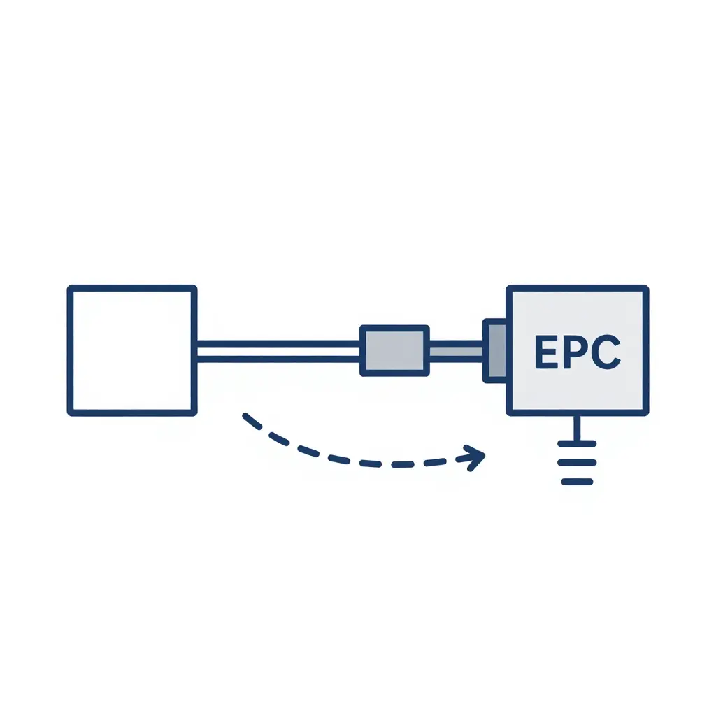Flat 2D schematic of the pressure sensor signal chain showing the sensor element, wiring harness, connector pair, ECU ADC input, and ground reference point, with a dashed ground-loop and electromagnetic error injection path arcing along the harness.