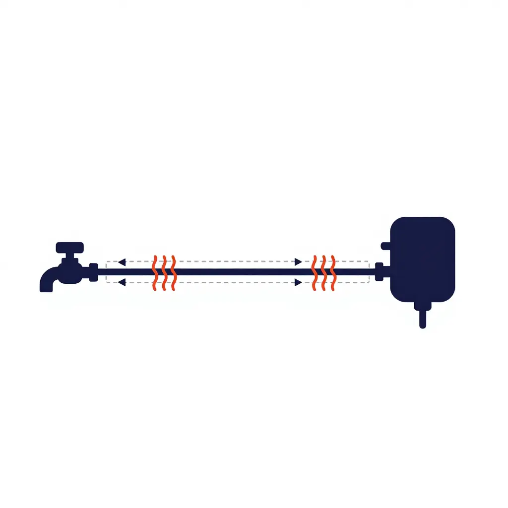 Minimalist 2D schematic of a heat-traced impulse line running from a process tap to a differential-pressure transmitter