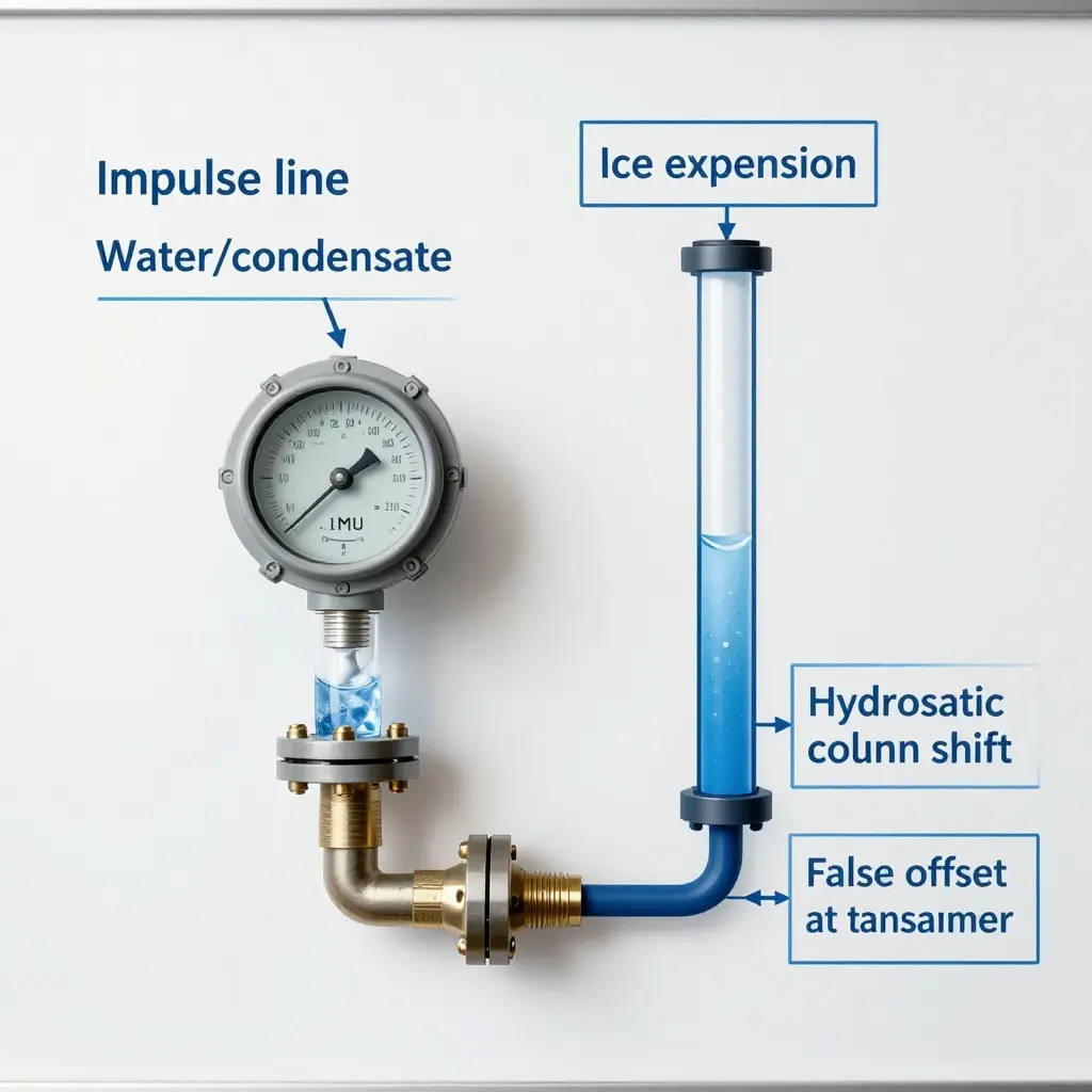 General schematic of a differential pressure transmitter with a frozen impulse line, showing ice expansion and a shifting hydrostatic column in the reference leg